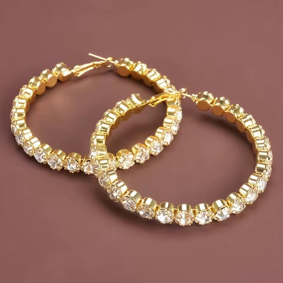 Gold Shiny Rhinestone Hoop Earrings - Picture 5 of 7